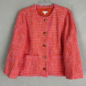 J. Jill size L Dahlia tweed jacket orange pink cotton blend collarless w pockets